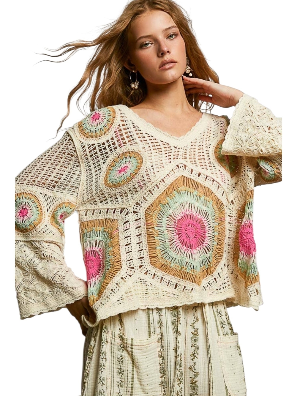 POL Cream Crochet Open-Knit Top